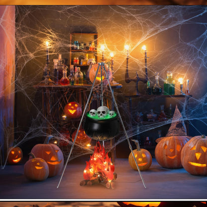 WinnerWhy 11 Pcs Large Witches Cauldron Halloween Decor Set Cauldron on Tripod with Spider Webs Fake Fire String Lights Skulls for Halloween Indoor and Outdoor Party Supplies
