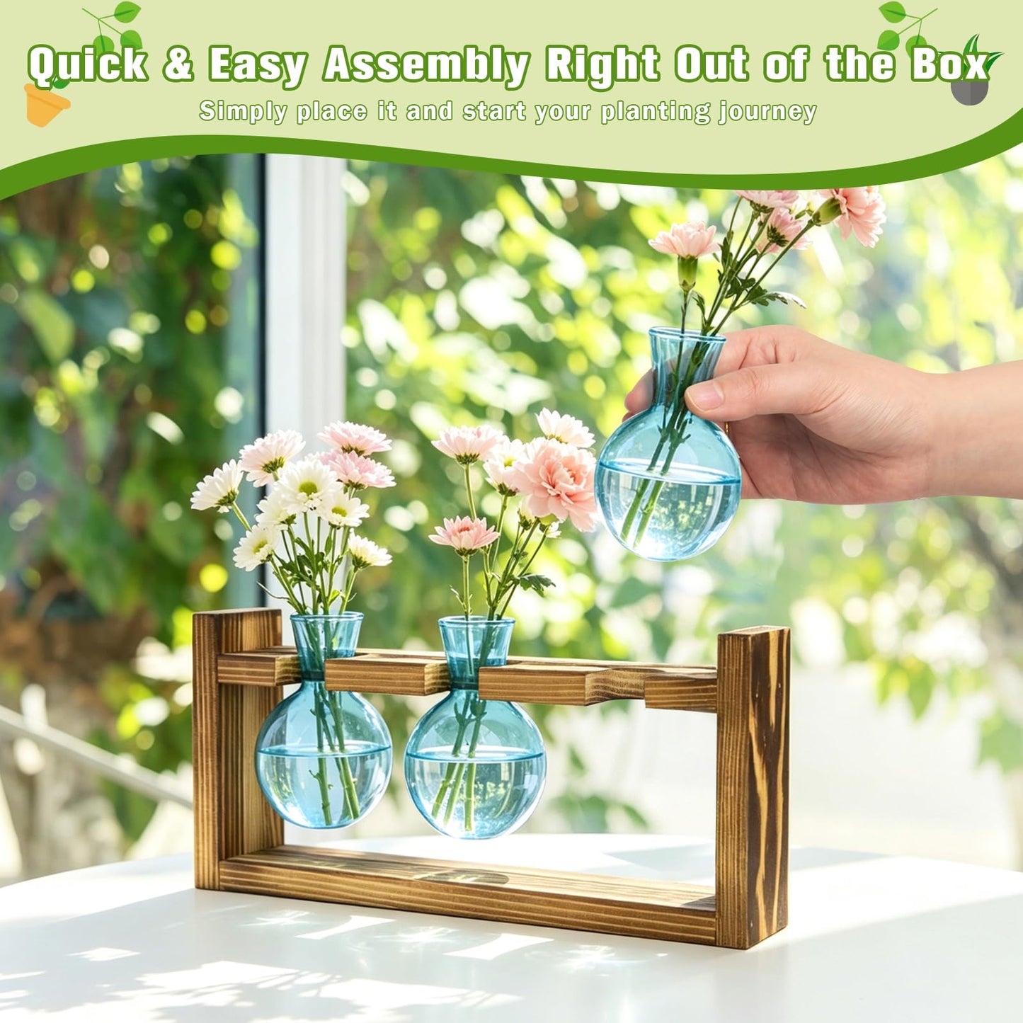 XXXFLOWER Glass Plant Terrarium Propagation Station, Gifts for Mom Plant Lovers Wife Daughter, 3 Bulb Glass Vase Plant Terrarium Tabletop for Hydroponics Home Office Indoor Decor (Blue)