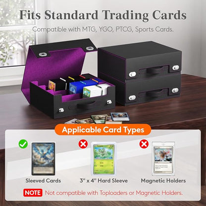 Lifewit Trading Card Storage Box with Handle, Holds Up to 1800 Sleeved Cards with 12 Adujstable Dividers & 4 Stoppers, Aluminum Closure PU Leather Case for MTG, PTCG, YGO, Sports Cards, Black& Purple