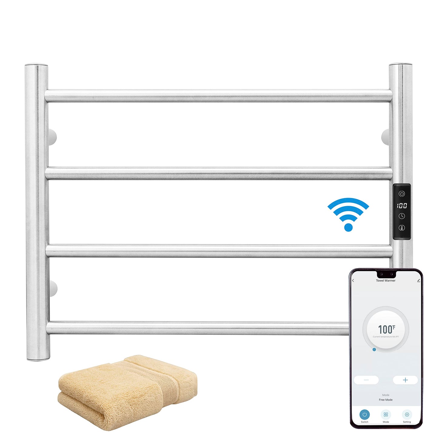 KEG Towel Warmer 8 Bars for Bathroom Freestanding or Wall Mounted Bath Towel Heater Plug-in with Built-in Timer Silver
