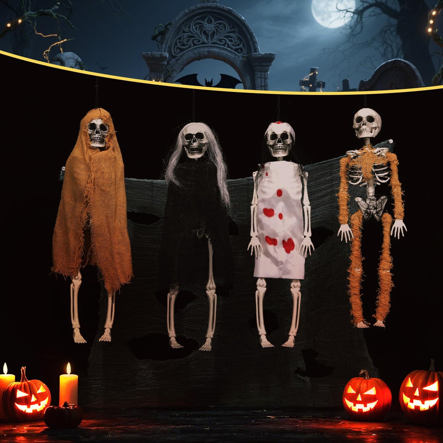 Poen 4 Pack 16" Halloween Hanging Skeleton Decorations Small Full Body Posable Skeletons with Movable Joints Plastic Mini Spooky Decor for Halloween Party Haunted House Lawn Graveyard Props(Zombie)