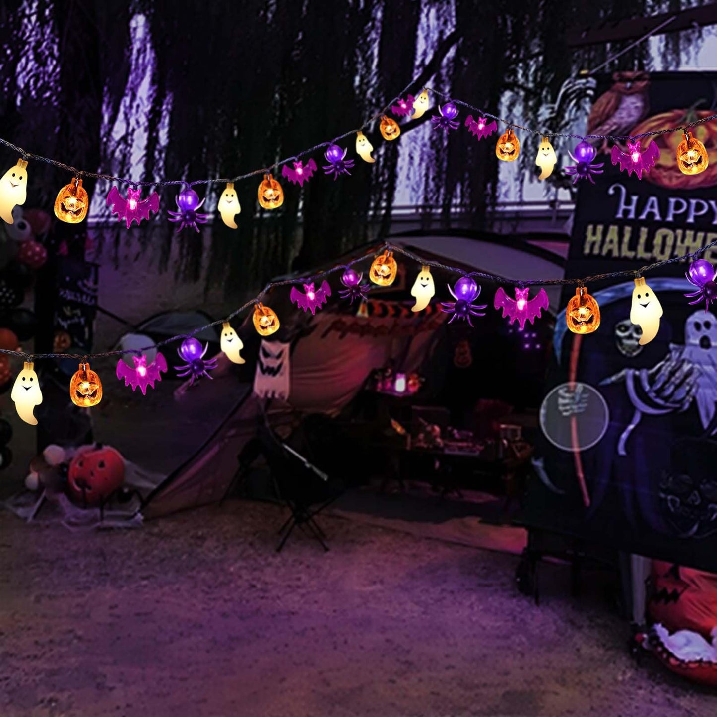 Janchs 40LED Solar Pumpkin Bat Ghost Spiders Lights for Halloween Decorations, 8 Modes, Waterproof, Auto On/Off, for Garden Decor, Halloween, Yard, Lawn, Outdoor Use