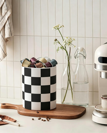 Swkien Checkered Kitchen Utensil Holder - 7.2" Ceramic Utensil Crock for Countertop, Kitchen Decor and Accessories for counte (Black)