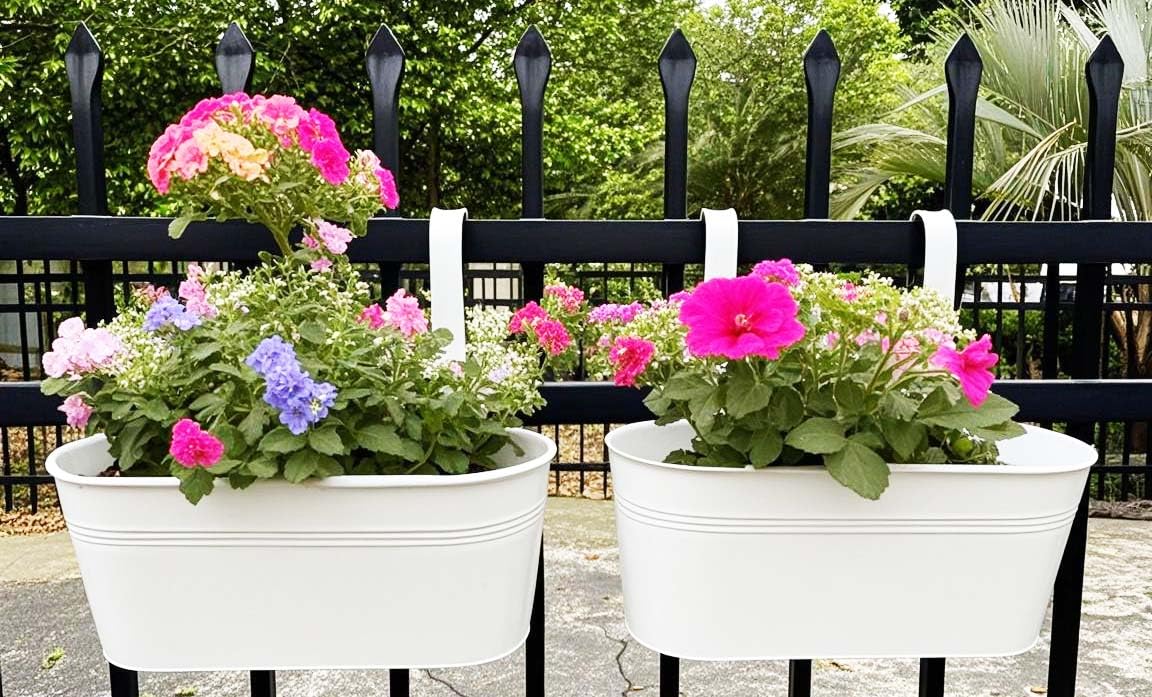 Joyfernal Hanging Planters for Outdoor Plants, 17" Railing Planter Pots, Metal Fence Flower Pot for Porch Balcony with Detachable Hook (White, Pack of 2)