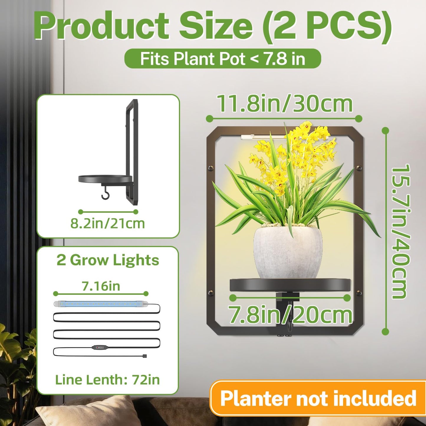 iDavosic.ly Wall Plant Picture Frame Holder Set of 2 with 2 Grow Light for Indoor, Metal Stand with Hanging Hooks, Space Saving Floating Flower Display Decor (Pots/Chains/Plants Not Included)