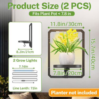 iDavosic.ly Wall Plant Picture Frame Holder Set of 2 with 2 Grow Light for Indoor, Metal Stand with Hanging Hooks, Space Saving Floating Flower Display Decor (Pots/Chains/Plants Not Included)