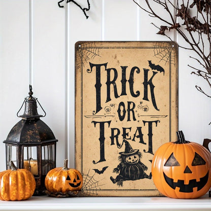 Trick or Treat Halloween Scarecrow Pumpkin Retro Metal Tin Sign Wall Art Decor for Front Door Home Farmhouse Halloween Party Indoor Outdoor 8x12 Inch