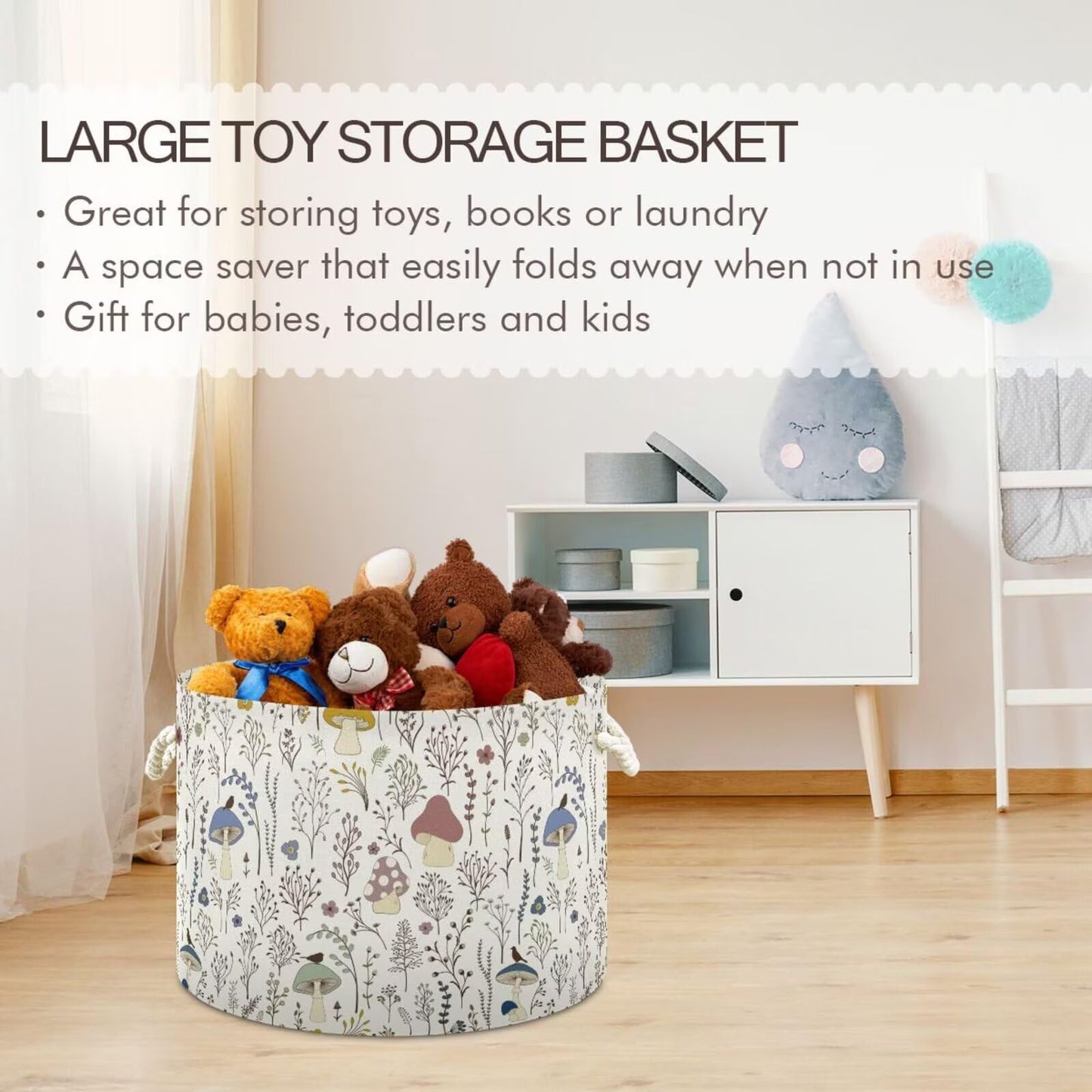 Retro Mushroom Print Round Storage Basket Mushroom Wild Plant Large Laundry Hamper 20 x 20 x 14 Inches Organizer Bin with Cotton Rope Handles Clothes Storage Bag for Nursery Bedroom Living Room Decor