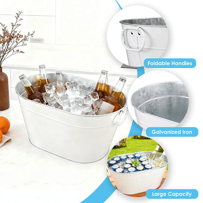 1PC Galvanized Tub Ice Bucket for Parties, Thick Metal Galvanized Drink Buckets, Beverage Tub with Handles, Drink Bucket for Indoor & Outdoor Party (White)