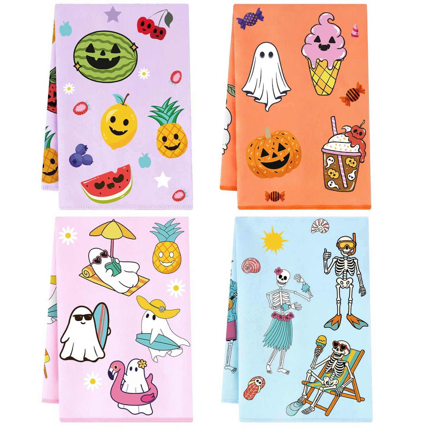 Frienda 4 Pcs Summer Halloween Kitchen Towels Funny Skull Ghost Hand Towels Jack-o-Lantern Fruit Ice-Cream Boo Dish Washcloth for Summer Halloween Bathroom Kitchen Home Decoration Gifts