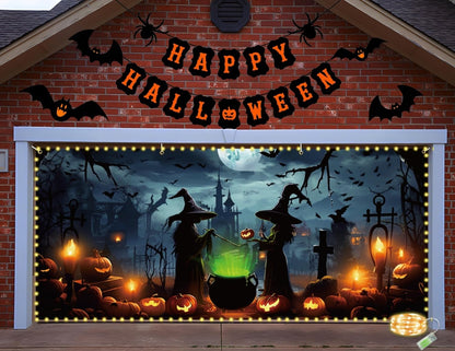 Lighted Halloween Garage Door Decorations Banner, Witch Cover With LED Light Strap, Hanging Backdrop for Outdoor Indoor Spooky Party Wall Yard Decor 6 x 13 ft
