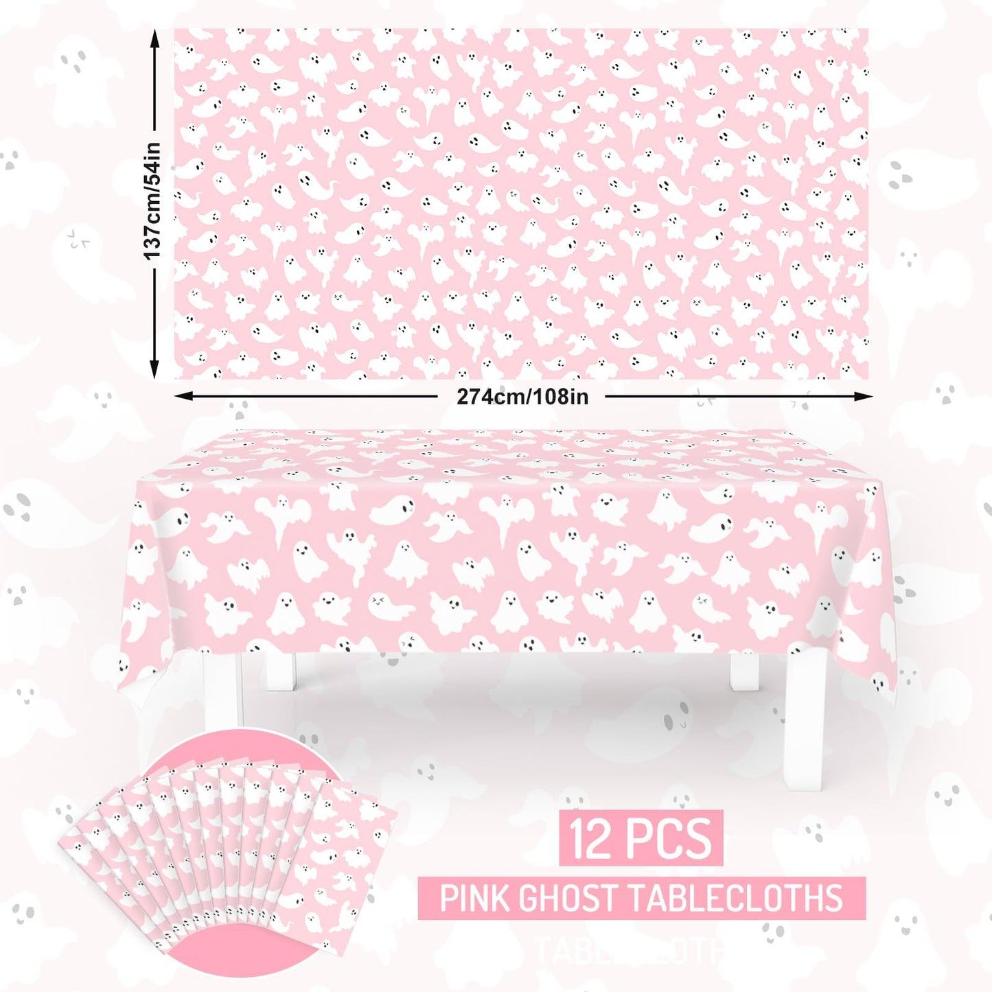 FYSUIMU 12Pcs Halloween Plastic Tablecloths White Pink Ghost Disposable Table Cover Rectangle Table Cloth for Halloween Party Decor, 54 x 108 Inch