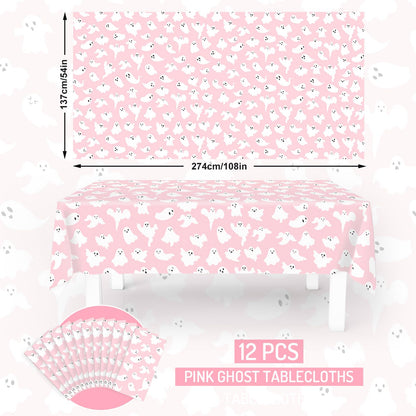 FYSUIMU 12Pcs Halloween Plastic Tablecloths White Pink Ghost Disposable Table Cover Rectangle Table Cloth for Halloween Party Decor, 54 x 108 Inch