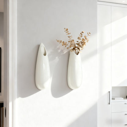 2 Pack White Ceramic Wall Vases,7.9 Inch Wall Hanging Plant Holder,Cubicle Modern Decor Plant Holder Vase for Indoor Plants, Hanging Propagation Flower Pots for Air Vases