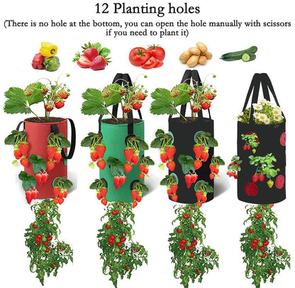 4 Pcs Hanging Strawberry Planter Bags 3 Gallon Upside Down Strawberry Planter and 4 Hooks, Sturdy Hanging Handle Thickened Breathable Felt Cloth for Herb Tomato Hot Peppers Vegetables (4Pcs 3Gal)