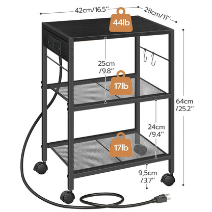 HOOBRO Industrial Printer Stand, 3-Tier Mobile Printer Table, Rolling Cart with Power Outlets and USB Ports, Home Printer Stand with 2 Hooks, for Office, Living Room, Black BB22UPS01