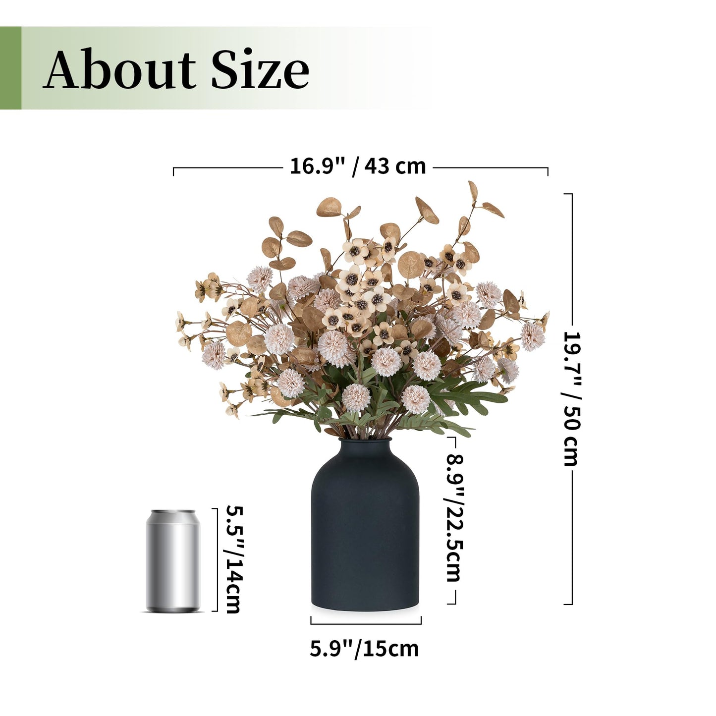 BLOSMON Beige Faux Flowers in Vase: Metal Vase with 12 Stems of Fake Mums Wax Eucalyptuses for Dining Table Centerpiece Decor - Artificial Silk Kiku Pom Poms Wild Farmhouse Floral Arrangements