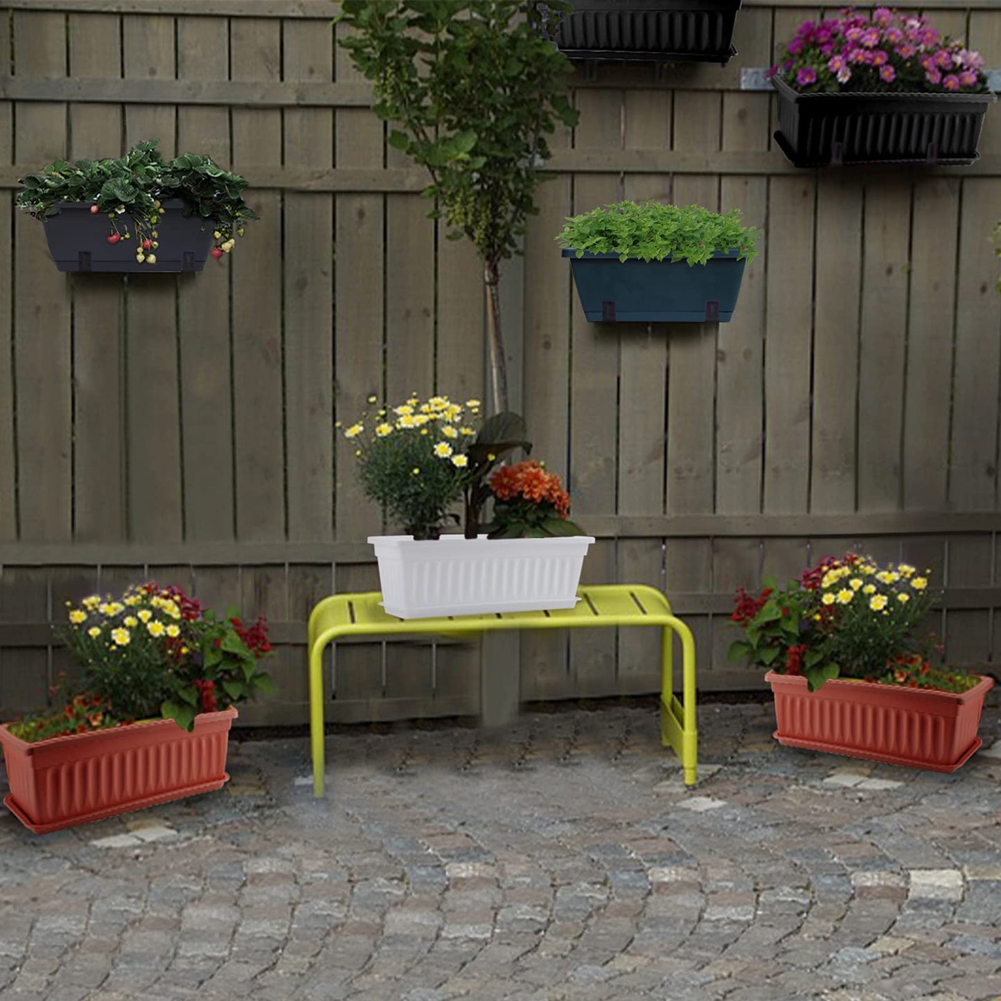 GREANER Rectangular Window Boxes with Trays, 3 Packs Modern Vegetable Planters, 13.8Inch Plastic Flower Boxes Container for Windowsill, Patio, Garden, Balcony, Porch, Indoor and Outdoor Use, Black