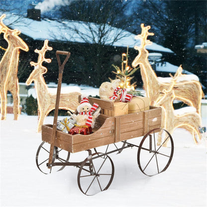DESIGNSCAPE3D Wooden Wagon Planter Cart – Rustic Raised Garden Bed with Wheels & Handle for Outdoor Patio, Yard, Backyard, Brown Fir Wood Flower Box