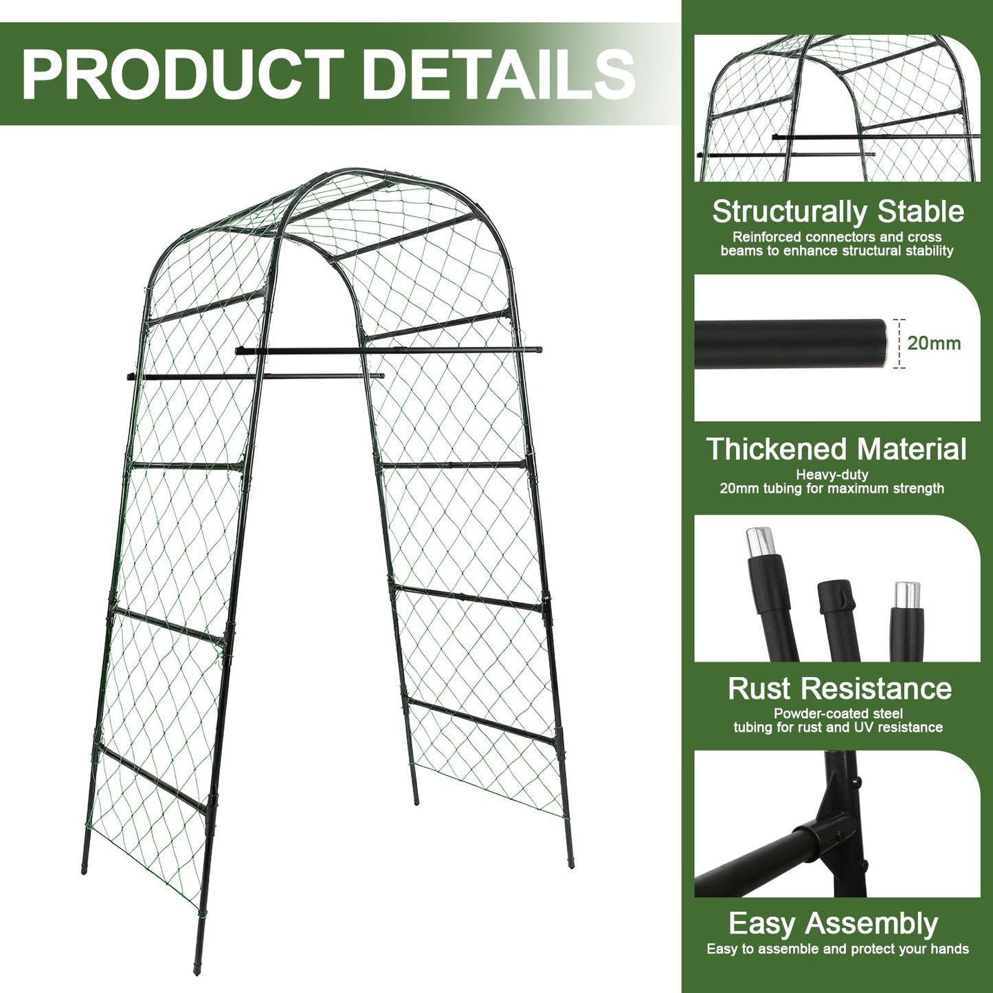 PHENEAHILL Extra Tall Garden Arch Trellis for Cucumber, Heavy-Duty Rust-Resistant Powder-Coated Steel, Vertical Support for Large Vining Vegetables (47”W x 79”H)