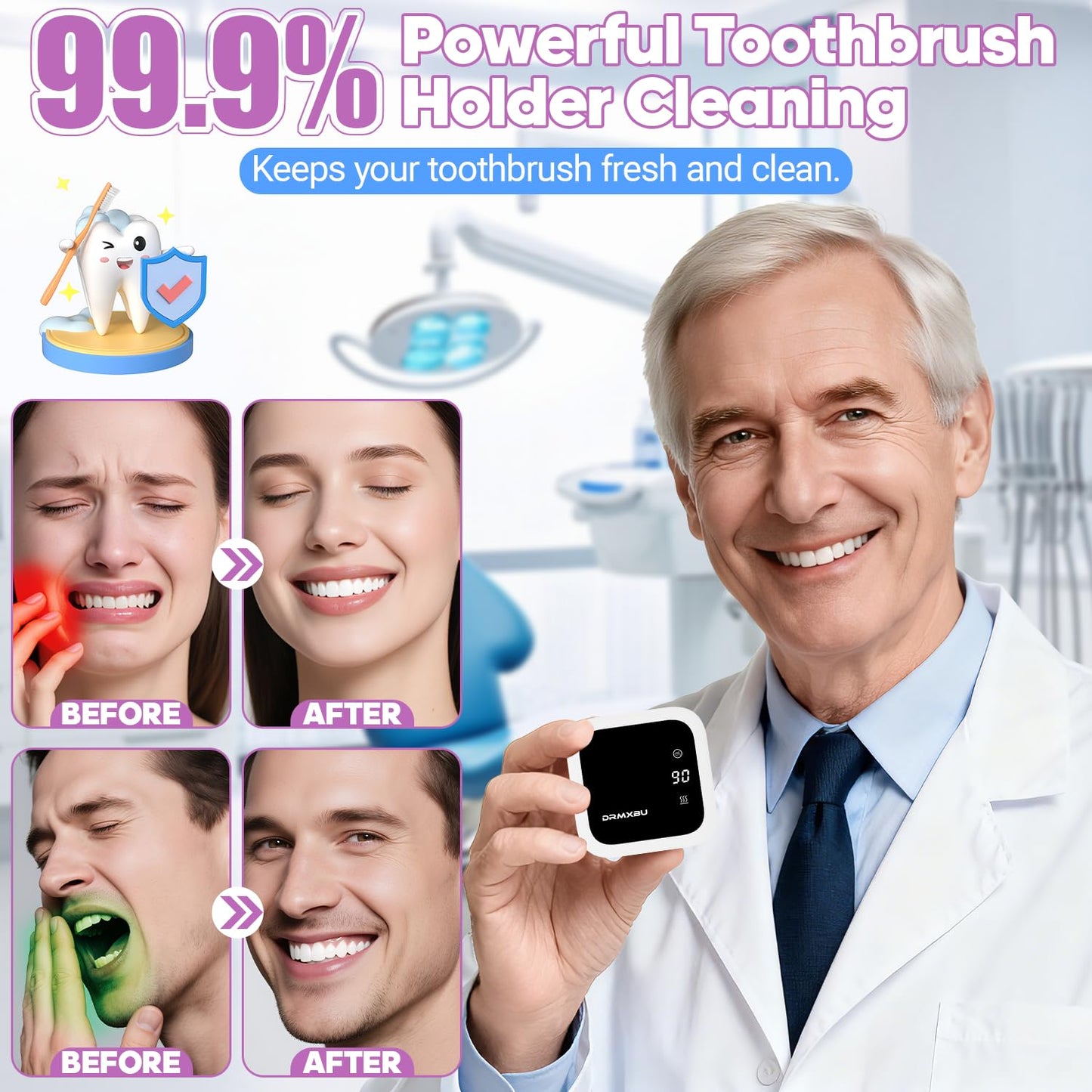 Toothbrush Sanitizer Case and Holders, DRMXBU Wall Mounted Toothbrush Holder with LED Screen, Rechargeable Travel Toothbrush Cleaner Case with Light Air Dry, Tooth Brush Covers for Bathrooms (White)