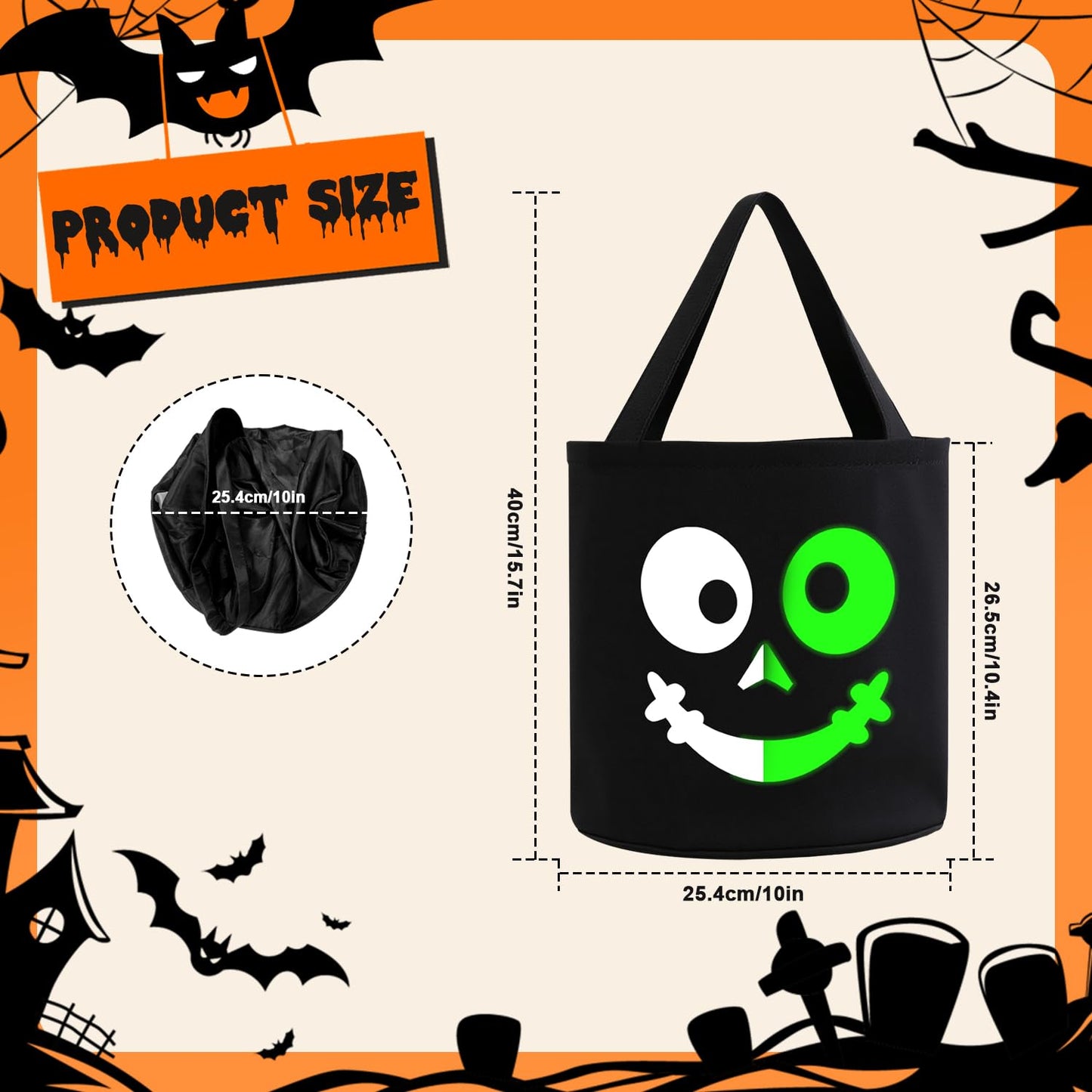 JCJ 3PCS Trick or Treat Bags Halloween Basket Candy Bucket Multipurpose Portable Collapsible Reusable Goody Bucket for Kids Halloween Party Favor