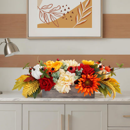 PureCosy Fall Centerpiece for Table, Handmade Realistic Silk Floral Arrangement with Peonies, Roses, Berries & Foam Pumpkins Thanksgiving Centerpiece and Autumn Harvest Table Decor for Dining Table