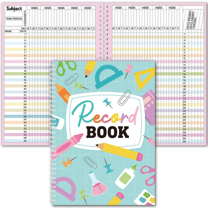 Fuyoooo Teacher Record Book Teacher Grade Books 2026-2027 Spiral Bound Record Planner 2026 Class Grade Book Office Favors for Classroom Attendance Decoration Double Sided(Green, Crayon)