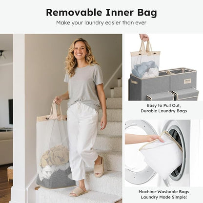 SOLEDI 220L Laundry Hamper 3 Section,Extra Large Laundry Basket with Lid and 2 Side Pockets, Dirty Clothes Hamper with Removable Bag Easy to Carry for Laundry Room, Bedroom, Bathroom, Grey