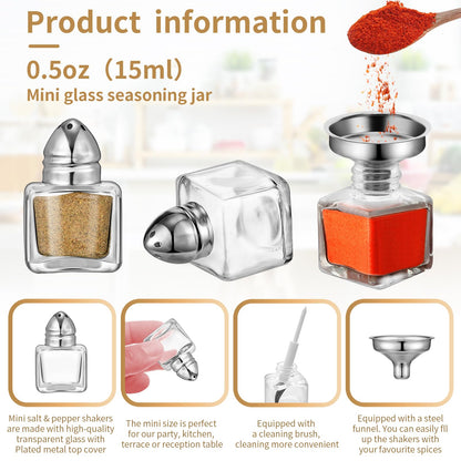 Pack of 12 0.5 oz Cube Shape Small Salt and Pepper Shakers with Tone Tops Clear Mini Glass Seasoning Jars Spice Salt Shakers with Funnel for Restaurant Home Kitchen (Silver Lids)