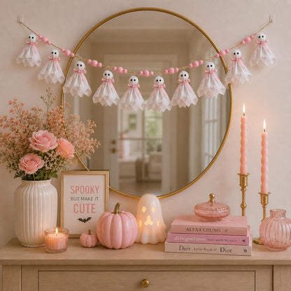 Craflox Pink Halloween Garland Ghost Decor, Pastel Girly Halloween Party Garland for Mantle, 6.6Ft Cute Spooky Pink Wooden Beads Decorations for Home Indoor, Handmade Banner