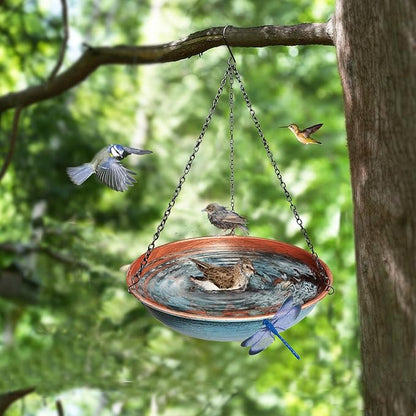 Hanging Bird Bath for Outdoors,11Inch Double Patchwork Birdbath Bowl Window Birds Feeder with 13.5 in Rust-Proof Black Chains Metal Hanging Birds Feeder for Garden Backyard Decor Copper Blue