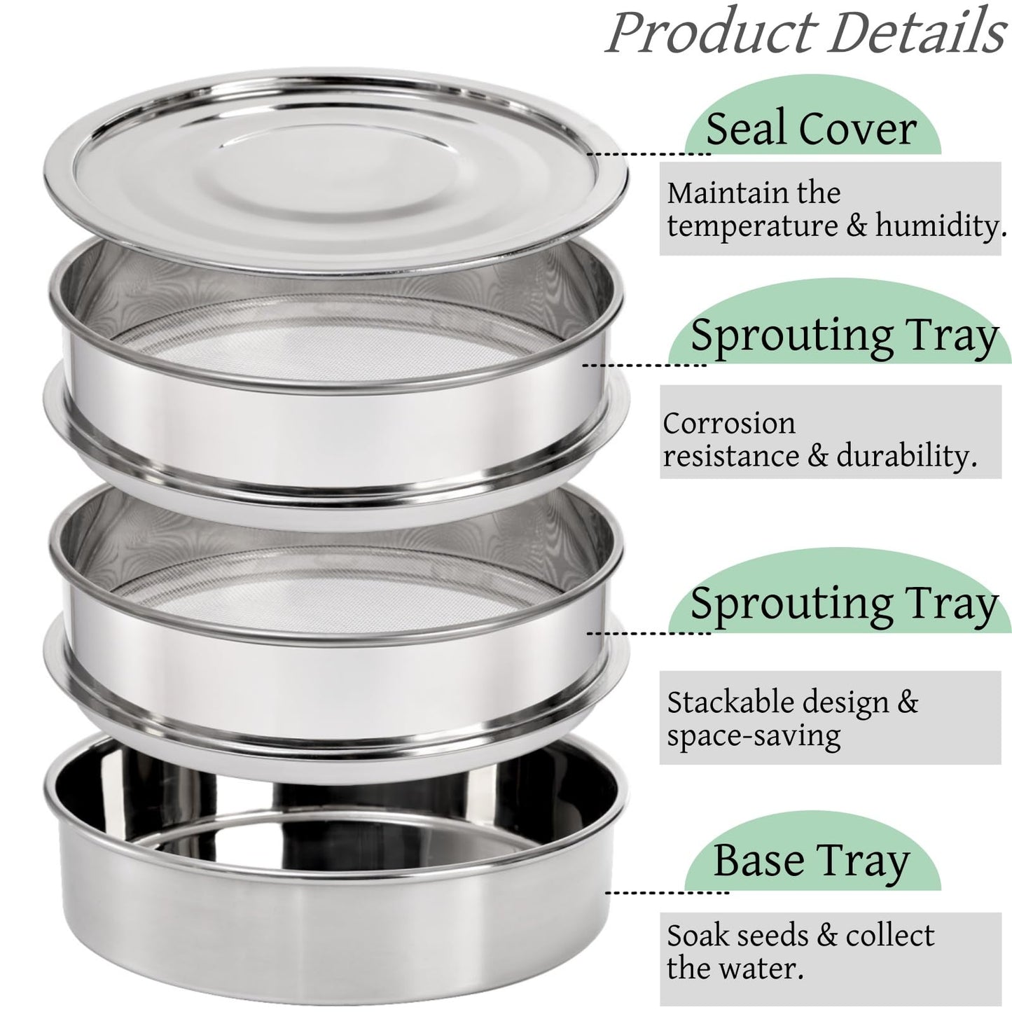 Tlence 9" Stackable Stainless Steel Seed Sprouting Kit, 3-Tier Mesh Germination Tray, Seed Sprout Grower with Lid Base, Microgreens Propagator for Beans Peas Broccoli Wheat Grass, Soil Free