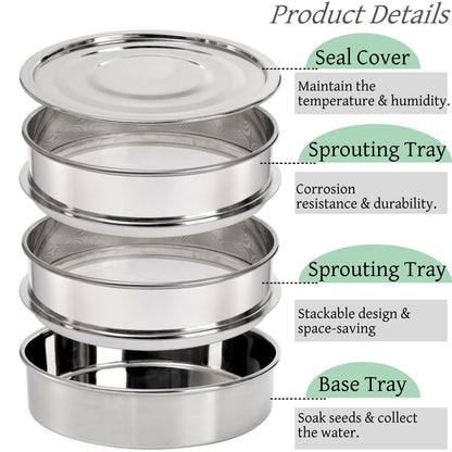 Tlence 9" Stackable Stainless Steel Seed Sprouting Kit, 3-Tier Mesh Germination Tray, Seed Sprout Grower with Lid Base, Microgreens Propagator for Beans Peas Broccoli Wheat Grass, Soil Free