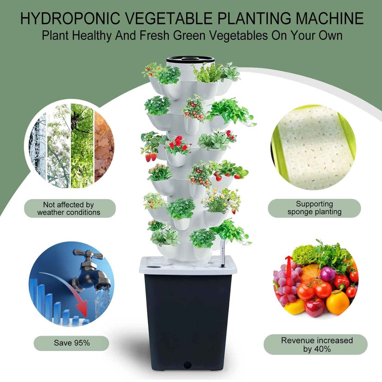 JPWDDWYT Hydroponics Tower Indoor Growing System Vertical Garden Planter Indoor Smart Garden Kit with Pump and Movable Water Tank Vegetable Plant Gift for Gardening Lover (30-Plants)