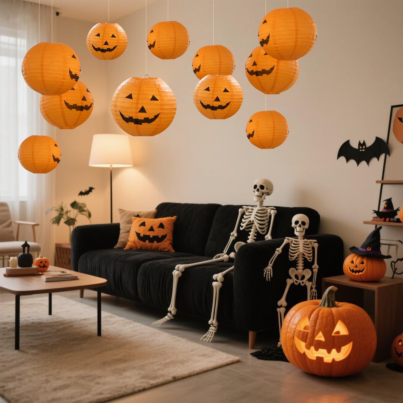 Hievil 12pcs 10in Floating Jack-O-Lanterns with Wand Remote and 24pcs LED Tea Lights for Decor
