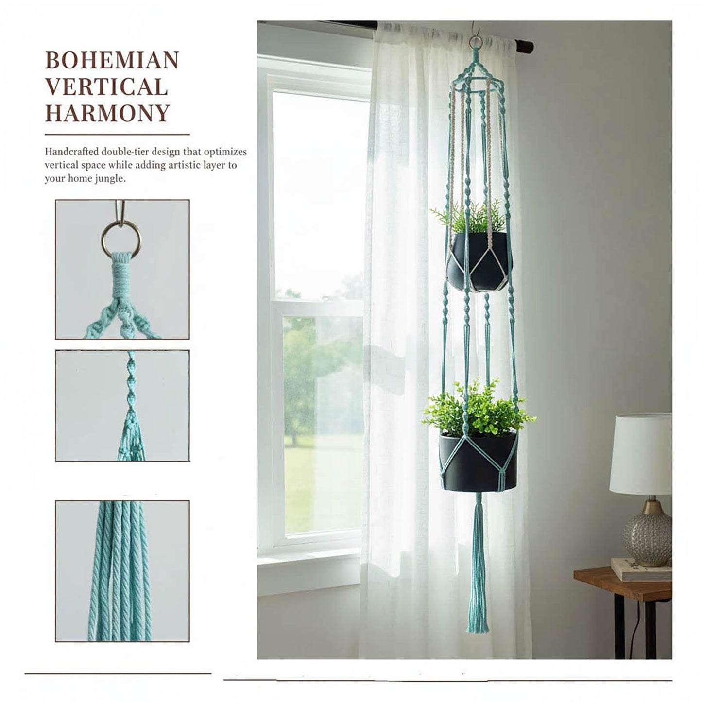 Macravine 5-Pack Boho Plant Hangers, Indoor Hanging Basket for Pot, Hanging Planters for Balcony/Home/Window/Porch, Ceiling, Boho-Chic Home Decor, Mint Blue, 40" 50" 63" (No Pot & Plant Included)