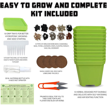 Meekear 10 Herb Seeds Garden Starter Grow Kit with Green Pots, Markers, Soil Discs, Watering, Herb Clipper, Complete Indoor Potted Plant Growing Set for Kitchen DIY