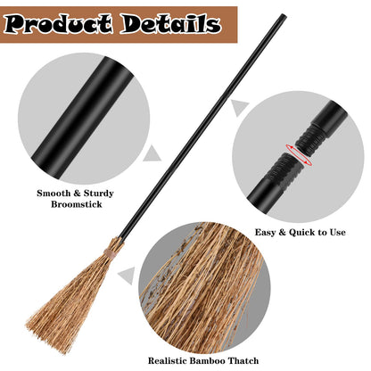 ADXCO 12 Pieces Halloween Costume Accessories Set with 6 Halloween Retractable Witch Broom and 6 Cosplay Witch Hats Decorations Straw Bamboo Witch Broomstick Plastic Broom Props for Party Decoration