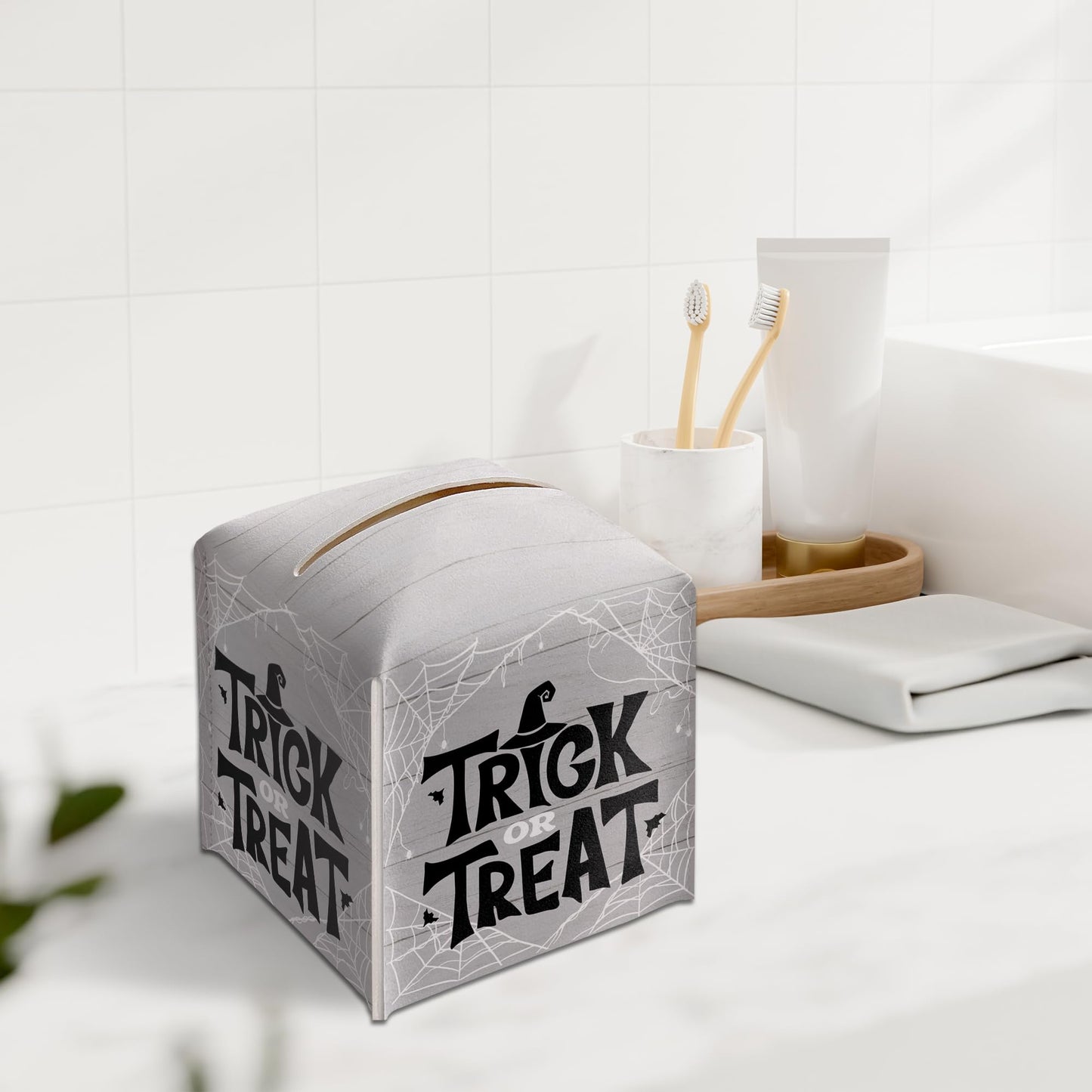 Halloween Trick Or Treat Tissue Box Holder, Spider Web Grey Leather Tissue Box Cover Square, Facial Paper Organizer Dispenser Toilet Paper Holder for Bathroom Kitchen Office Home Decor-A09