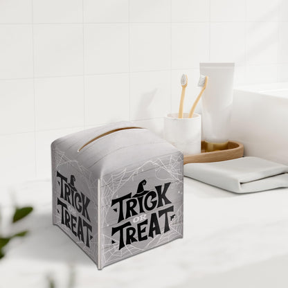 Halloween Trick Or Treat Tissue Box Holder, Spider Web Grey Leather Tissue Box Cover Square, Facial Paper Organizer Dispenser Toilet Paper Holder for Bathroom Kitchen Office Home Decor-A09