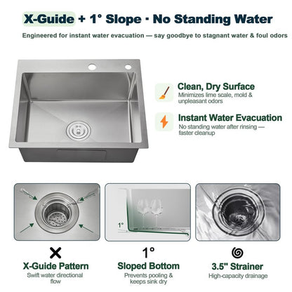 OUGOO 20x16x9 Inch Drop in Kitchen Sink, Handmade 304 Stainless Steel Single Bowl with 2 Holes, R10 Tight Radius, Topmount Installation, for Modern Kitchen/RV Sink, Brushed
