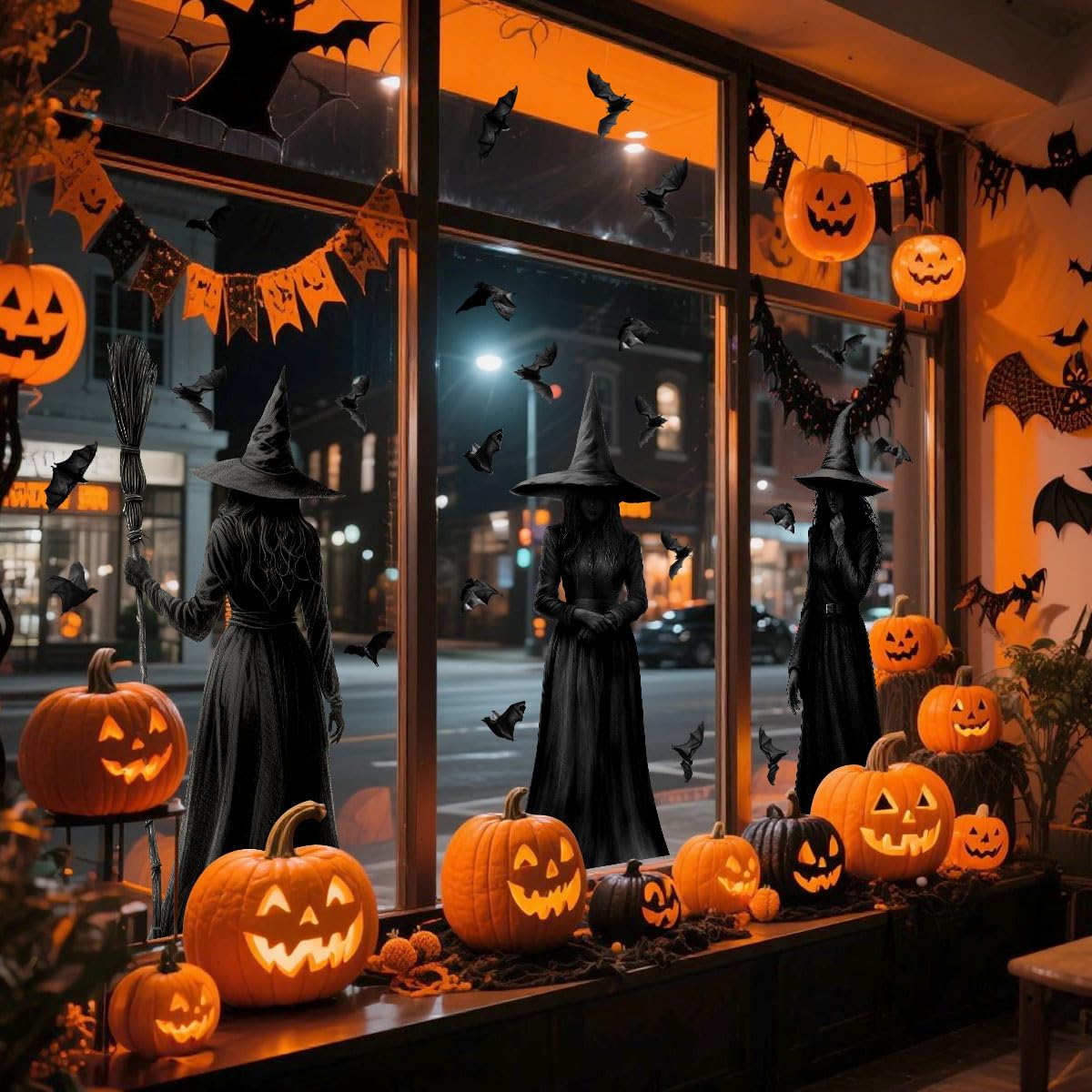 Halloween Window Clings, 3 Large Reusable Scary Witch Silhouette Window Clings & Bat Decals, Witches Silhouette Static Clings for Glass, Indoor Halloween Decorations for Home, School & Office