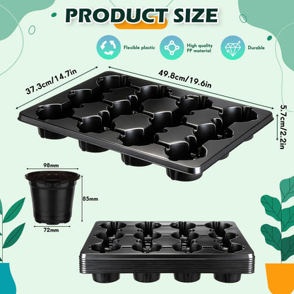 Baderke 96 Pcs 4 inch Seedling Pots and 8 Pcs 12 Cell Reusable Plastic Nursery Pots Trays Thick Sturdy Seeds Starting Germination Carrying Trays Black Small Planter Nursery Propagation 8 Sets(Black)