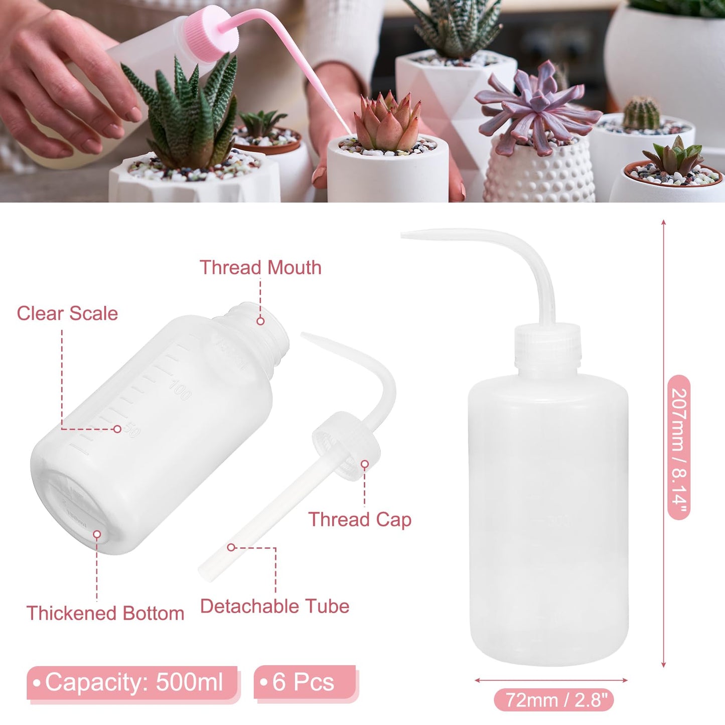 PATIKIL 500ml 17oz Succulent Eyelash Tattoo Wash Bottle, 6 Pcs Plastic Watering Squeeze Bottle Rinse Bottle for Plant Eyelash Extensions Irrigation Lab Gap Cleaning, Clear
