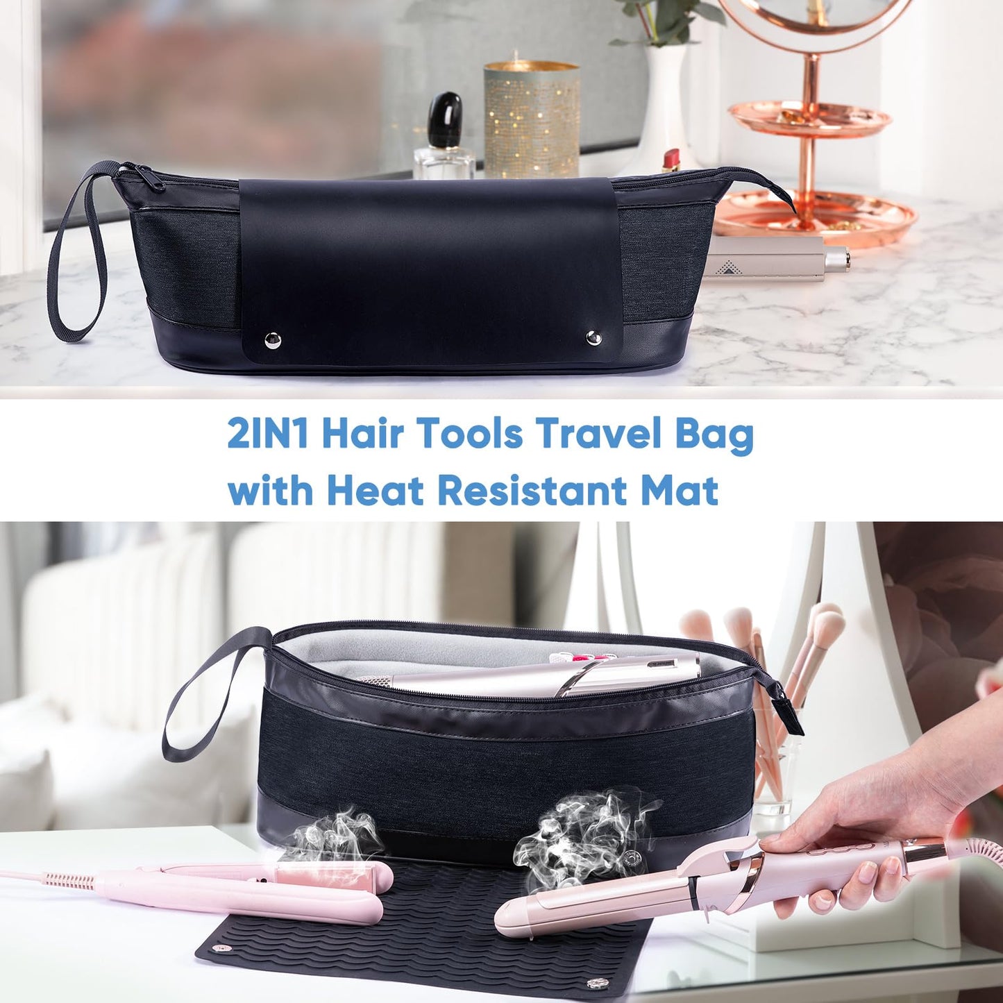 Large Hair Tools Travel Bag with Iron Mat - 2in1 Hair Tools Organizer for Hair Dryer Brush, Flat Irons, Straighteners, Curling Irons, Hair Bag, Makeup Bag, Cosmetic Bag for Travel Essentials