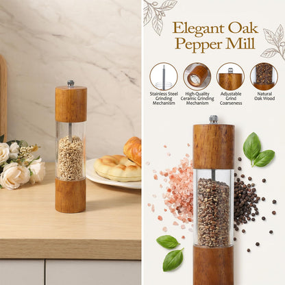 Wooden Salt and Pepper Grinder Set, 8 inch Manual Refillable Wooden Salt and Pepper Shakers Mill with Tray, Adjustable Coarseness, Solid Wood with Ceramic Stainless Steel Core, Transparent - 2 Packs