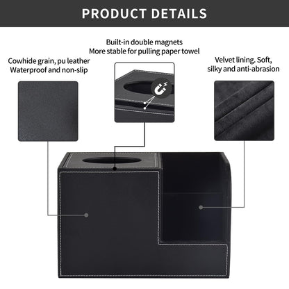 XNONE PU Leather Tissue Box Cover with Storage Square-Multifunctional Tissue Holder,Remote Control Holder,Decorative Tissues Boxes Organizer,Home Office Desktop Storage box,Black