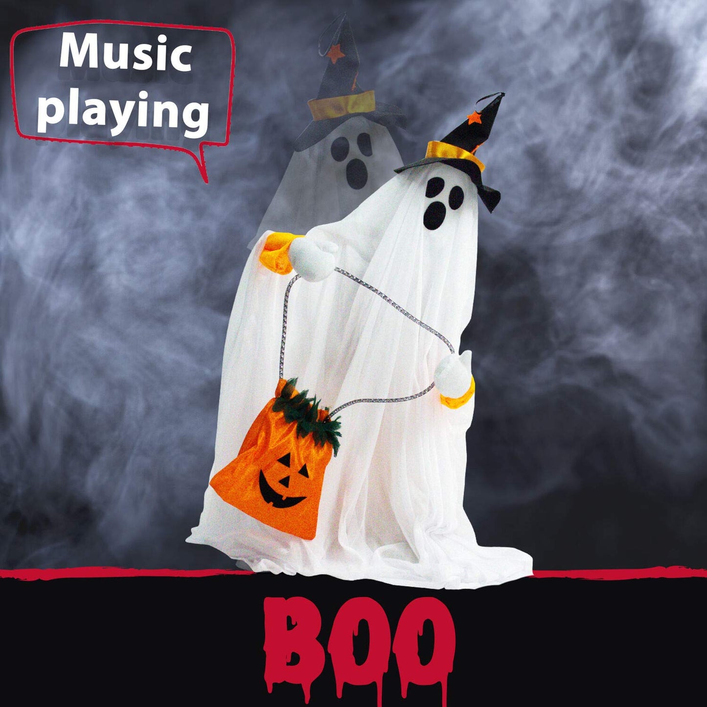 Haunted Hill Farm Friendly Ghost Halloween Animatronic with Touch Activated Lights and Music, Battery Operated Indoor or Covered Outdoor Halloween Decorations, Cute and Modern Halloween Props for Home