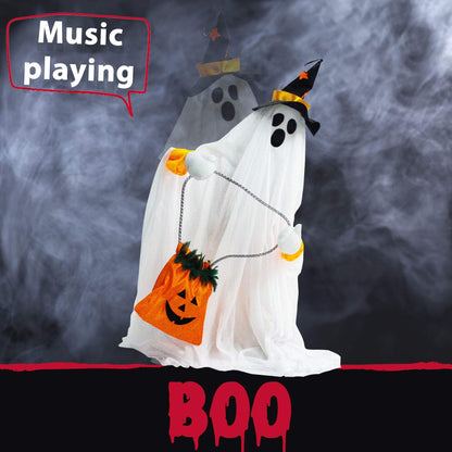 Haunted Hill Farm Friendly Ghost Halloween Animatronic with Touch Activated Lights and Music, Battery Operated Indoor or Covered Outdoor Halloween Decorations, Cute and Modern Halloween Props for Home